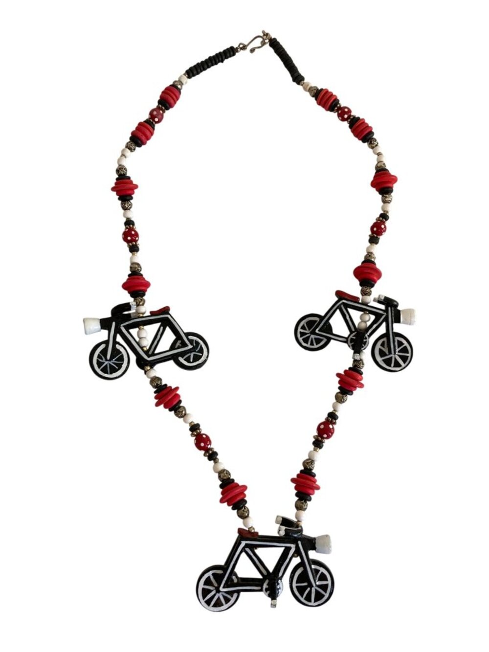 Vintage Handmade Bicycle Motorcycle Necklace Black White Red Hand Painted Wood